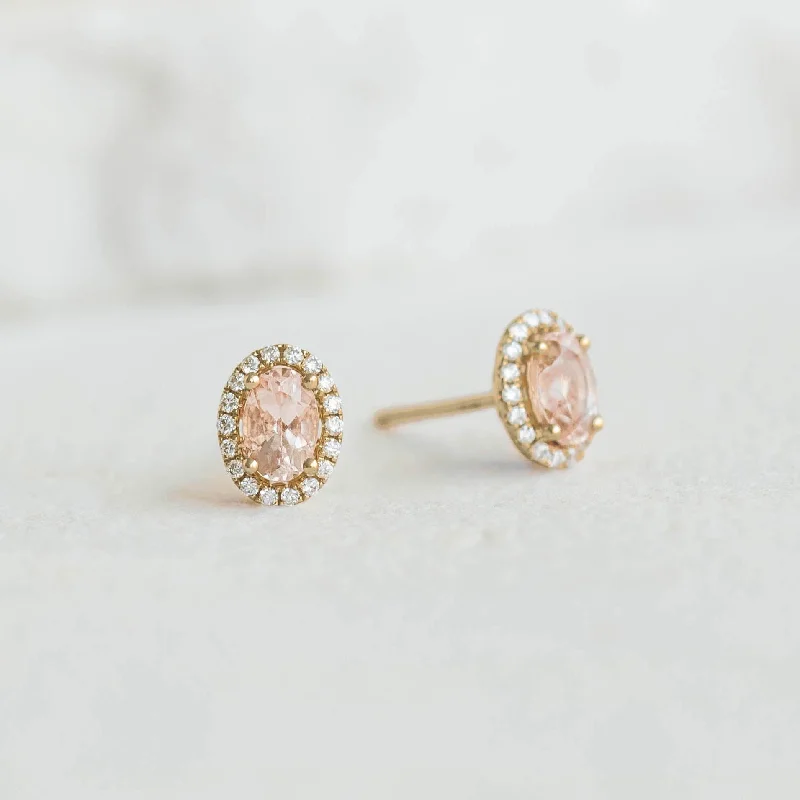 Women's Earrings – Elegant Designs for Every Personality--Morganite Halo Stud Earrings 14k Gold - Marzia Women's Earrings – Elegant Designs for Every Personality--Morganite Halo Stud Earrings 14k Gold - Marzia