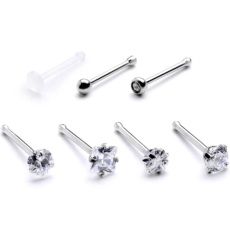 Classic Silver Nose Rings -Clear CZ Gem Multi Shape 3mm Nose Bone 7 Pack Set