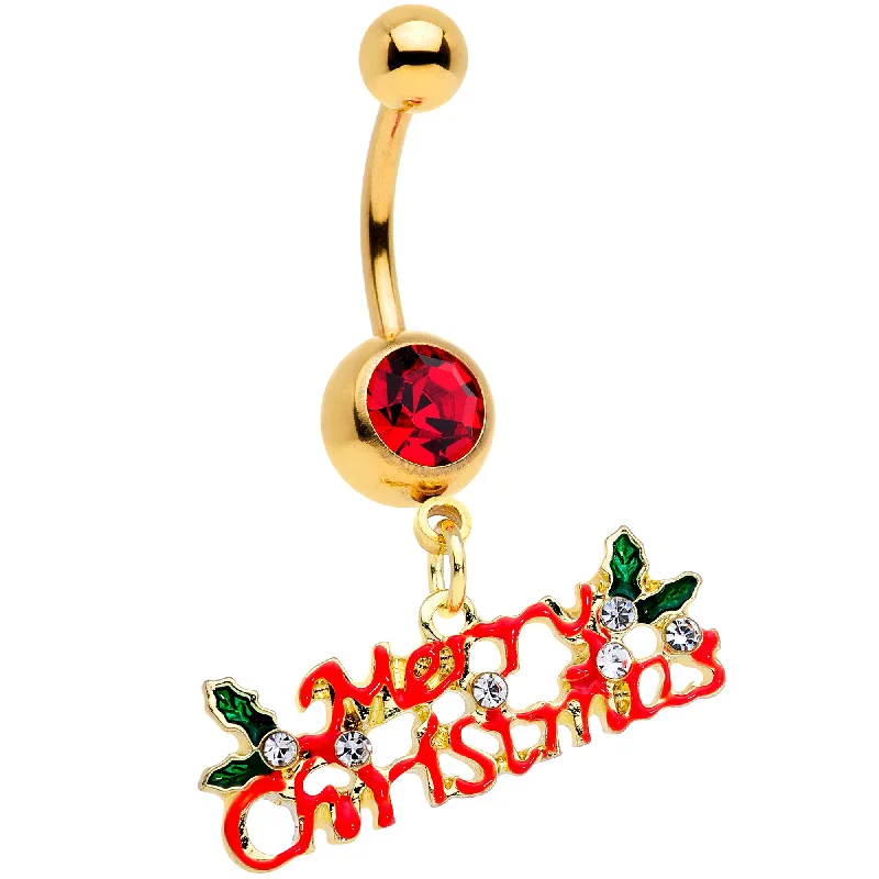 Trendy Belly Rings with Elegant Style -Red Gem Gold Tone Merry Christmas Dangle Belly Ring Trendy Belly Rings with Elegant Style -Red Gem Gold Tone Merry Christmas Dangle Belly Ring