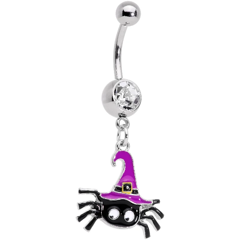 Unique Belly Rings for Bold Style -Clear Gem Black Purple Witchy Spider Halloween Dangle Belly Ring Unique Belly Rings for Bold Style -Clear Gem Black Purple Witchy Spider Halloween Dangle Belly Ring