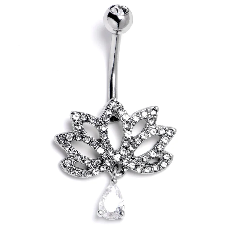 Comfortable Belly Rings for Active Lifestyles -Clear CZ Gem Internally Threaded Lotus Fashion Flower Dangle Belly Ring Comfortable Belly Rings for Active Lifestyles -Clear CZ Gem Internally Threaded Lotus Fashion Flower Dangle Belly Ring