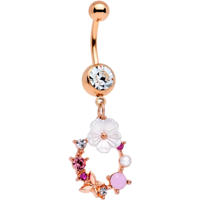 Stunning Belly Rings for Bold Fashion -Clear Pink Gem Rose Gold Tone Wreath Flower Dangle Belly Ring Stunning Belly Rings for Bold Fashion -Clear Pink Gem Rose Gold Tone Wreath Flower Dangle Belly Ring