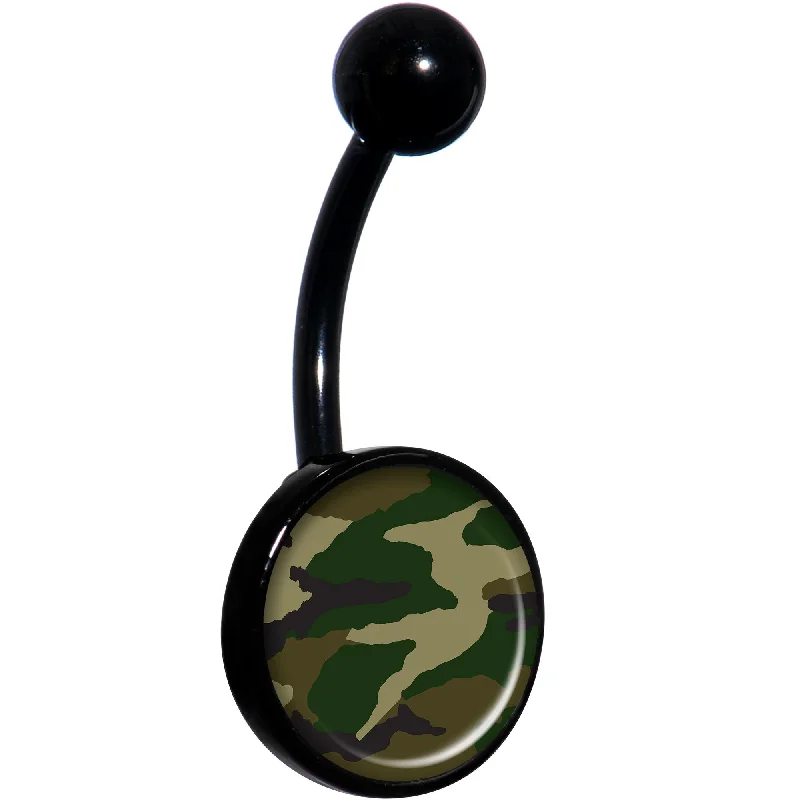 Trendy Belly Rings with Elegant Style -Woodland Camo Print Black Belly Ring