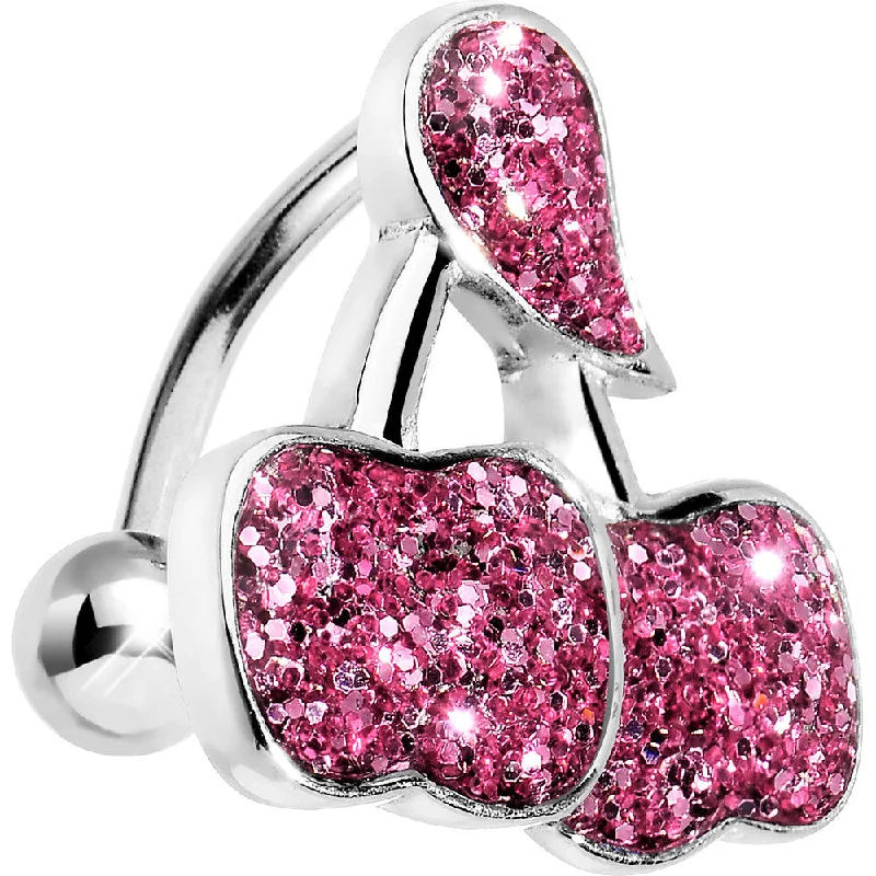 Stylish Belly Rings for Glamorous Look -Pink Glitter Double Cherry Top Mount Belly Ring Stylish Belly Rings for Glamorous Look -Pink Glitter Double Cherry Top Mount Belly Ring