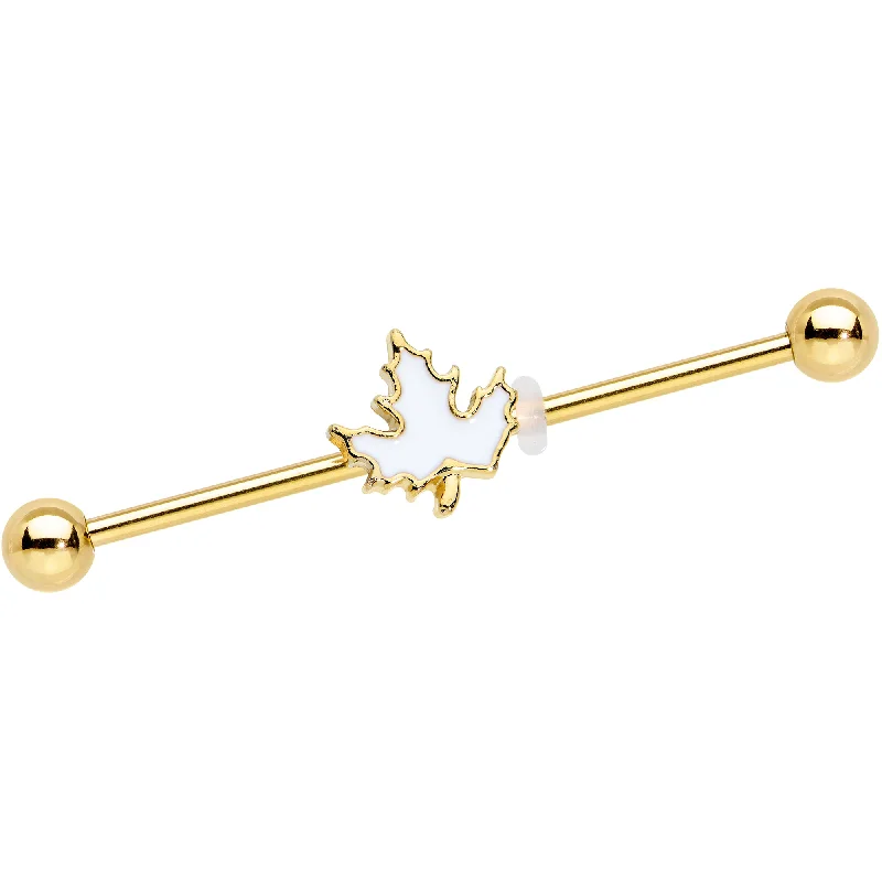 Women's Earrings – Elegant Designs for Every Personality--14 Gauge Gold Tone Autumn White Maple Leaf Industrial Barbell 38mm Women's Earrings – Elegant Designs for Every Personality--14 Gauge Gold Tone Autumn White Maple Leaf Industrial Barbell 38mm