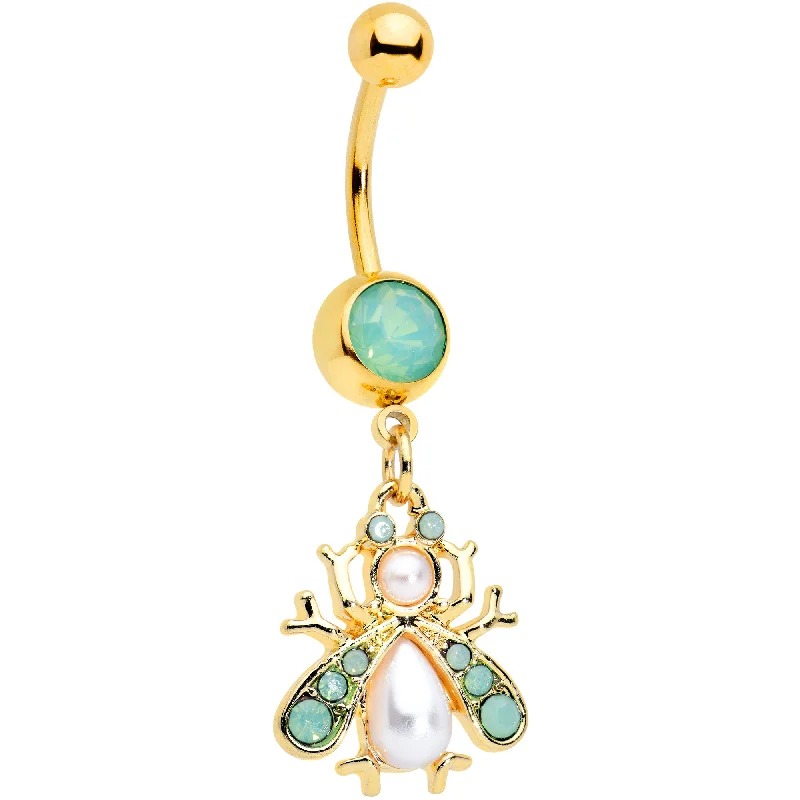 Comfortable Belly Rings for Statement Fashion -Green White Pearlescent Gem Gold Tone Snow Bug Dangle Belly Ring Comfortable Belly Rings for Statement Fashion -Green White Pearlescent Gem Gold Tone Snow Bug Dangle Belly Ring