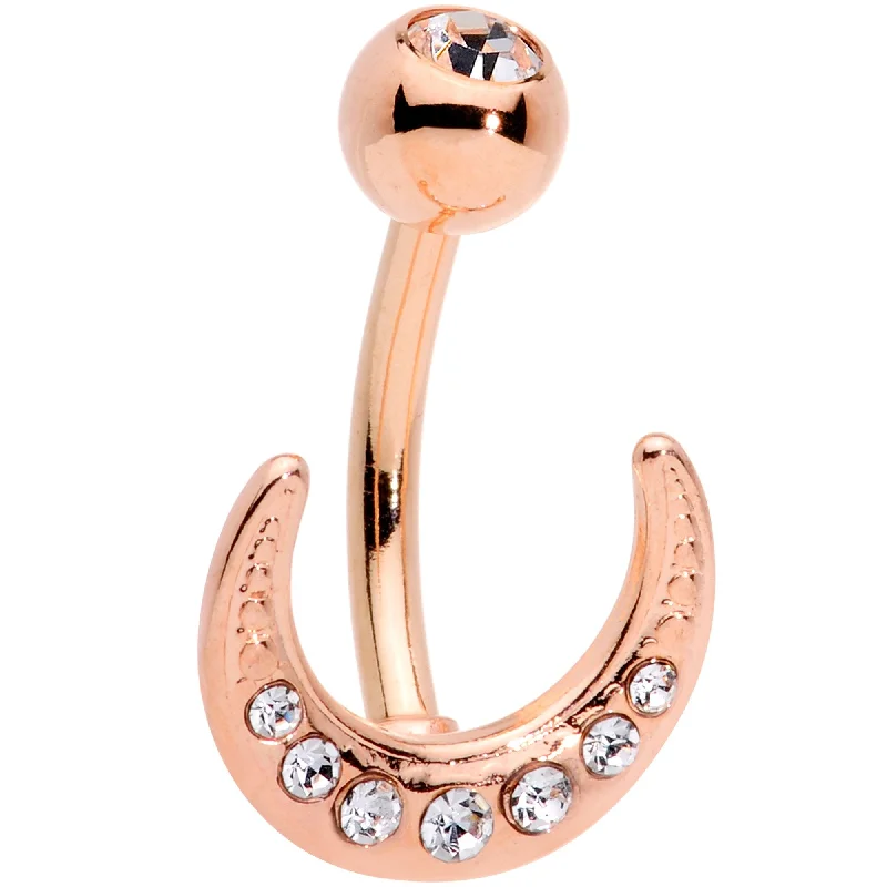 Stunning Belly Rings for Extra Style -Clear CZ Gem Rose Gold Tone Crescent Moon Belly Ring Stunning Belly Rings for Extra Style -Clear CZ Gem Rose Gold Tone Crescent Moon Belly Ring