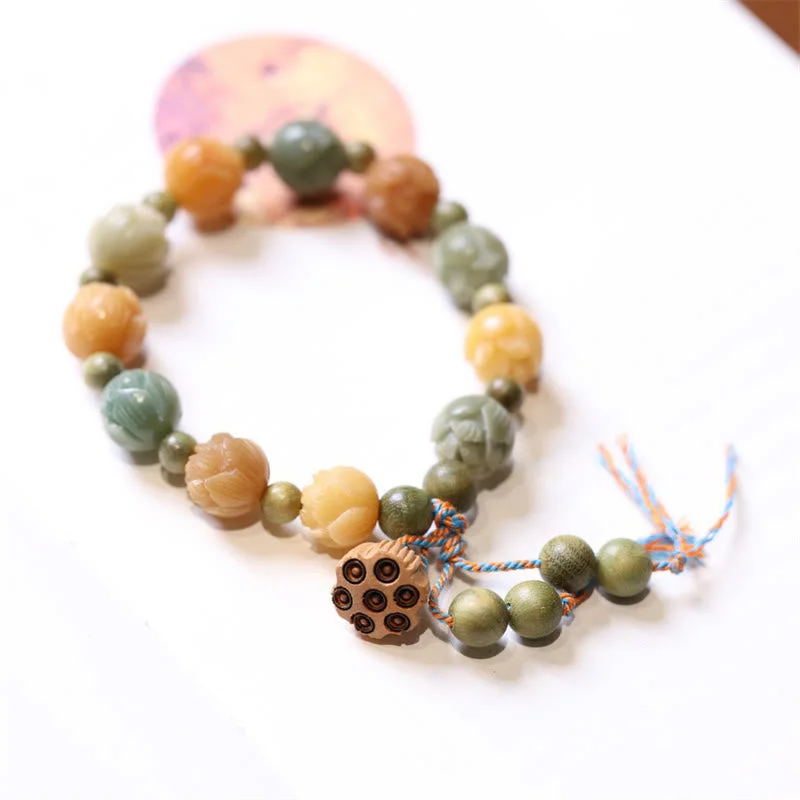Bangle Sets for Women with Multiple Colors-Buddha Stones Bodhi Seed Lotus Green Sandalwood Wisdom Harmony Bracelet