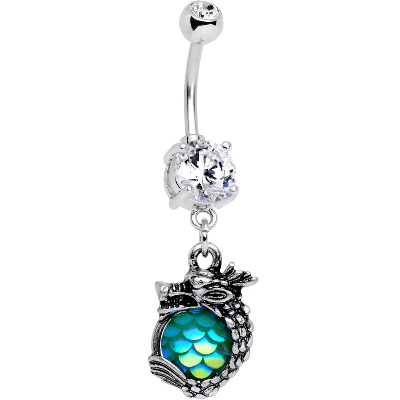Beautiful Belly Rings for Fashion-Forward Women -Clear Gem Iridescent Green Scale Dragon Egg Dangle Belly Ring Beautiful Belly Rings for Fashion-Forward Women -Clear Gem Iridescent Green Scale Dragon Egg Dangle Belly Ring