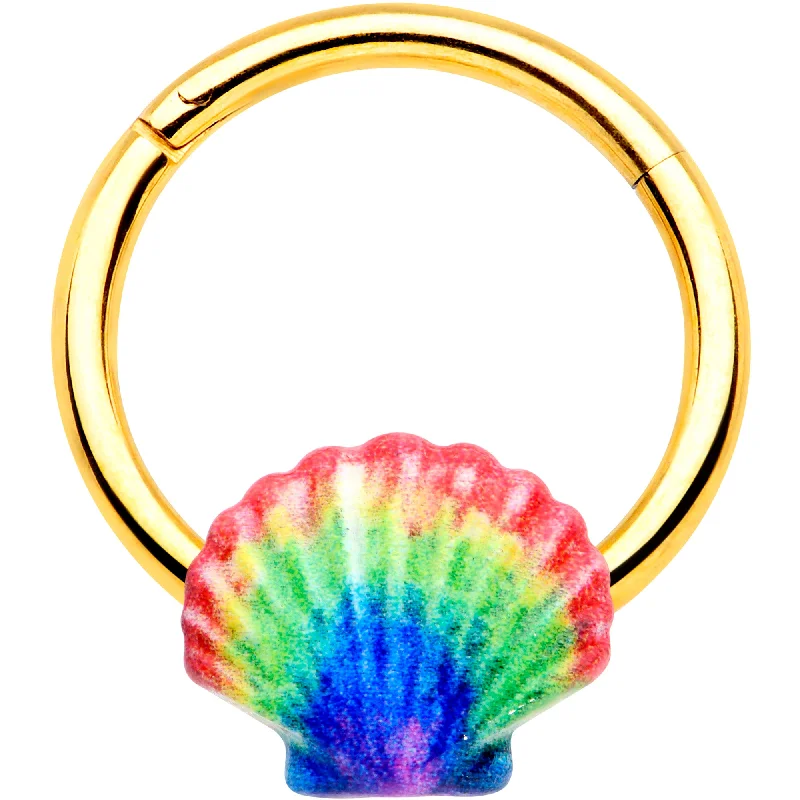 Nose Rings with Adjustable Size -16 Gauge 3/8 Gold Tone Rainbow Scallop Shell Hinged Segment Ring Nose Rings with Adjustable Size -16 Gauge 3/8 Gold Tone Rainbow Scallop Shell Hinged Segment Ring