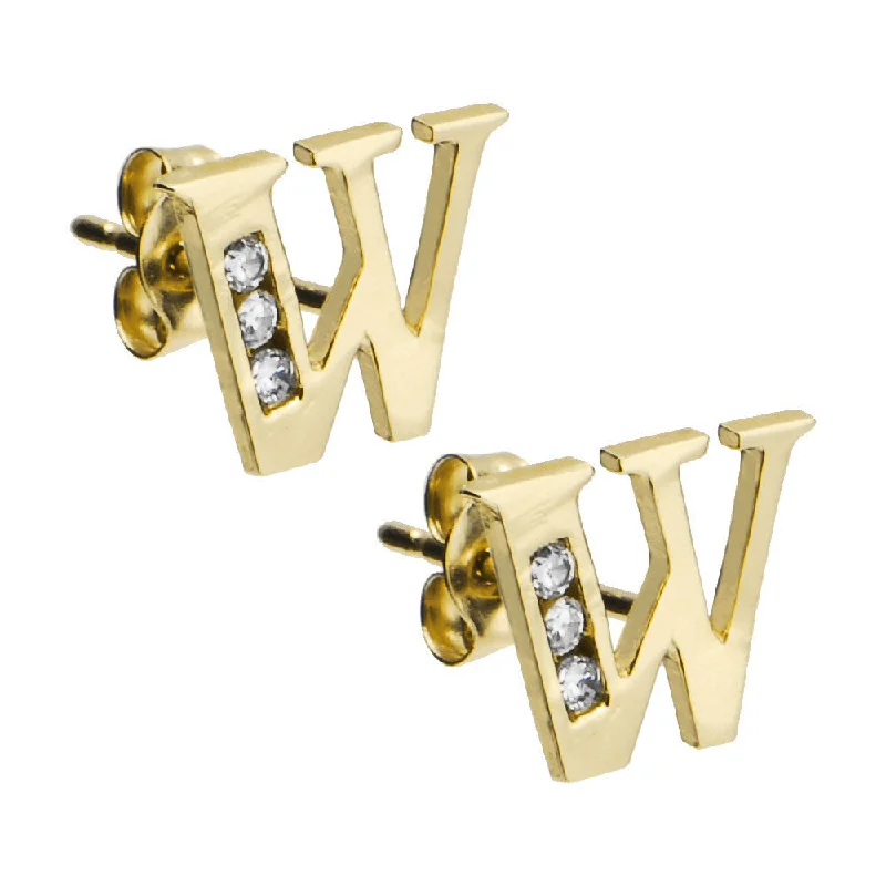 Women's Earrings – Elegant Designs for Every Personality--14kt Yellow Gold CZ Initial W Stud Earrings Women's Earrings – Elegant Designs for Every Personality--14kt Yellow Gold CZ Initial W Stud Earrings