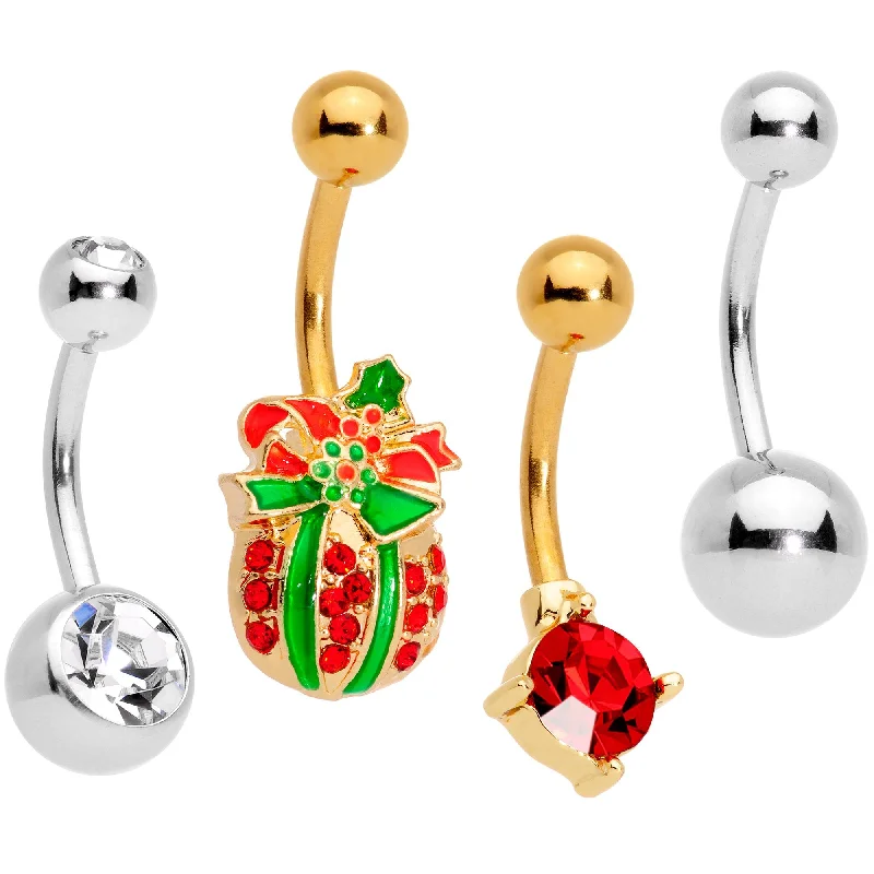 Designer Belly Rings for Fashion-Forward Women -Clear Gem Gold Tone Red Holiday Gift Ornament Belly Ring Set of 4 Designer Belly Rings for Fashion-Forward Women -Clear Gem Gold Tone Red Holiday Gift Ornament Belly Ring Set of 4