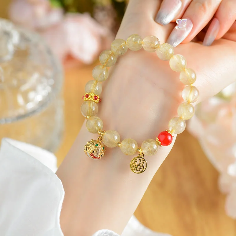 Women's Bangles with Opal Stones-Buddha Stones Natural Golden Rutilated Quartz Fu Character Charm Bell Wealth Bracelet Women's Bangles with Opal Stones-Buddha Stones Natural Golden Rutilated Quartz Fu Character Charm Bell Wealth Bracelet