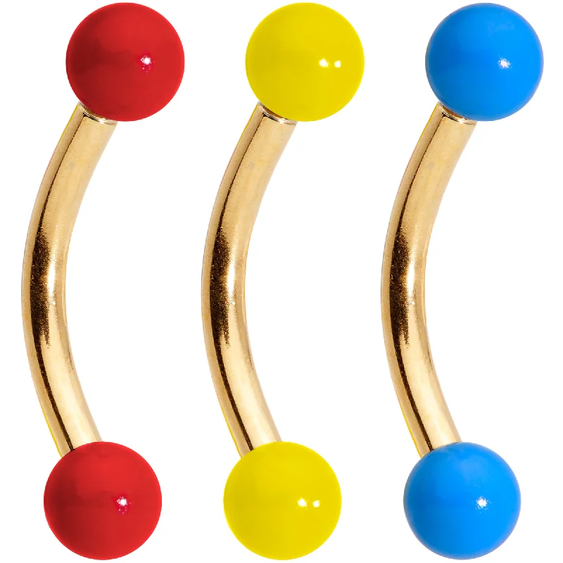 Comfortable Lip Rings for Daily Glam16 Gauge 5/16 Red Yellow Blue Glow Gold Tone Curved Barbell Set of 3