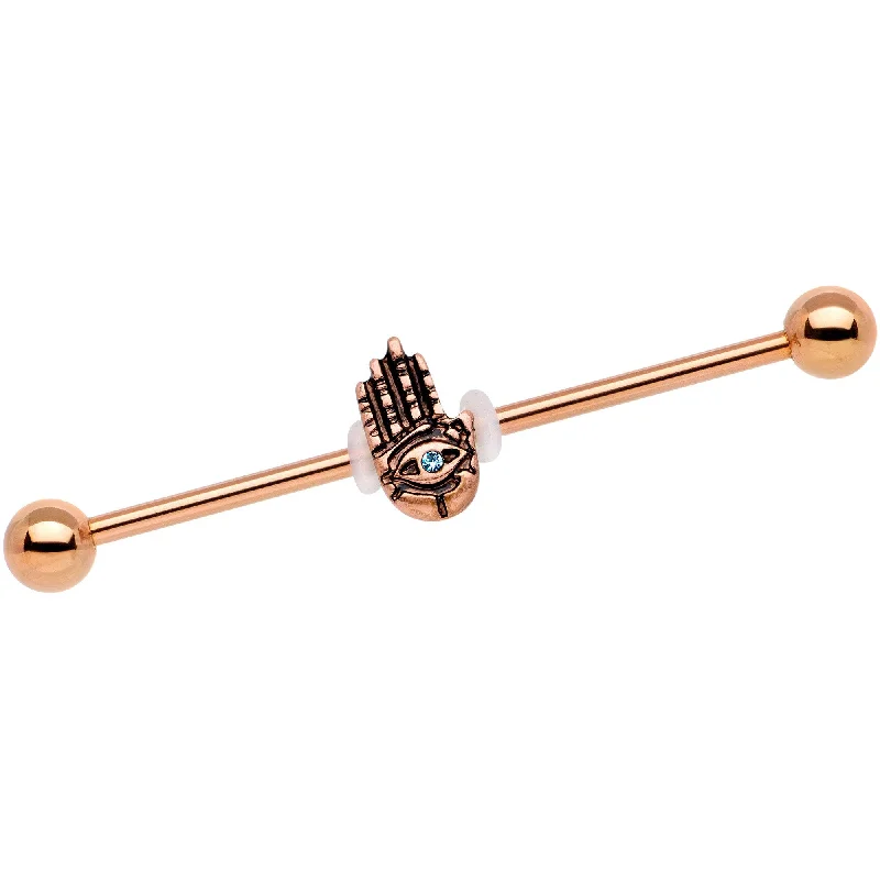 Women's Earrings – Elegant Designs for Every Personality--Aqua Gem Rose Gold Tone Hamsa Eye Industrial Barbell 38mm Women's Earrings – Elegant Designs for Every Personality--Aqua Gem Rose Gold Tone Hamsa Eye Industrial Barbell 38mm