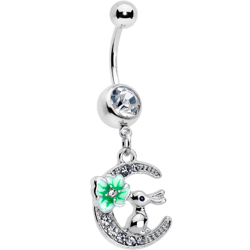 Belly Rings with Unique Shape Designs -Clear Gem Rabbit On The Moon Green Dangle Belly Ring Belly Rings with Unique Shape Designs -Clear Gem Rabbit On The Moon Green Dangle Belly Ring
