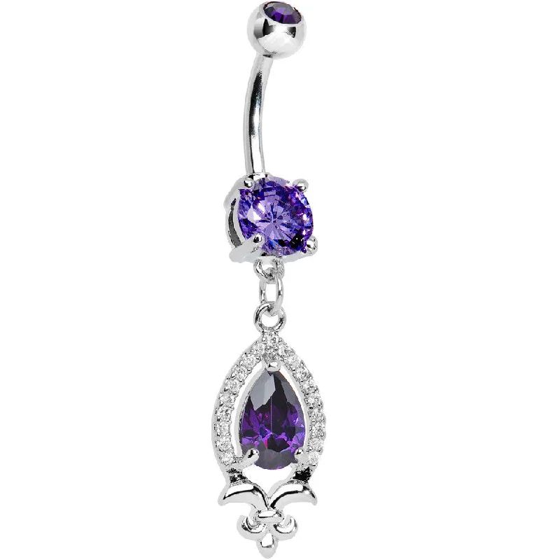 Designer Belly Rings for Exclusive Looks -Purple Gem Brilliant Budding Fleur De Lis Dangle Belly Ring Designer Belly Rings for Exclusive Looks -Purple Gem Brilliant Budding Fleur De Lis Dangle Belly Ring