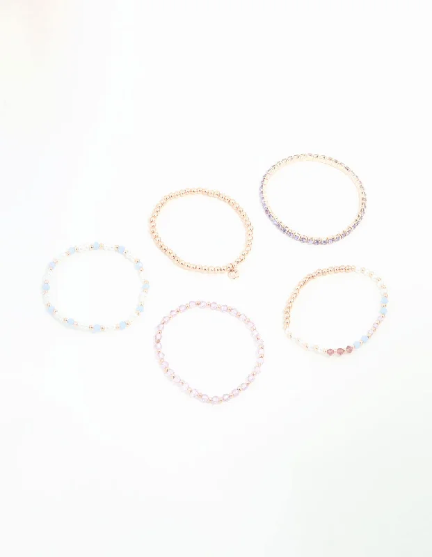 Large Crystal Bangles for Women-Rose Gold Beaded Bracelets 5-Pack