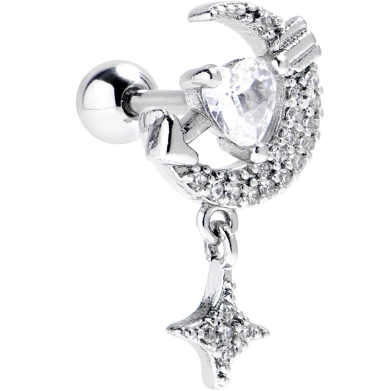 Women's Earrings – Elegant Designs for Every Personality--16 Gauge 1/4 Clear CZ Gem Moon Lover Cartilage Tragus Earring