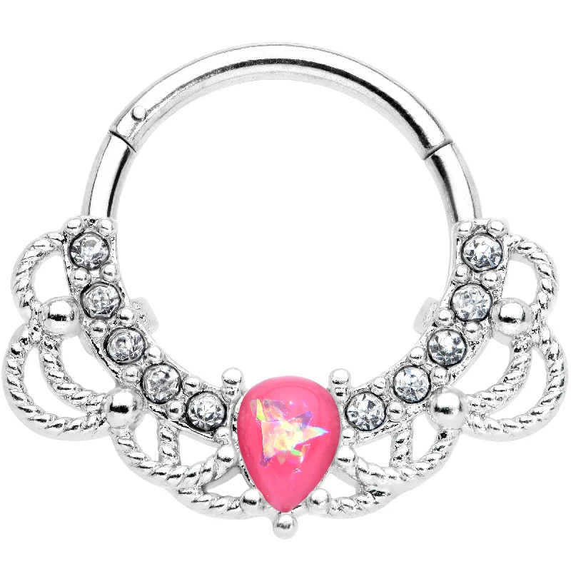 Simple Lip Rings for Elegant Look16 Gauge 3/8 Pink Faux Opal Lace Lover Hinged Segment Ring