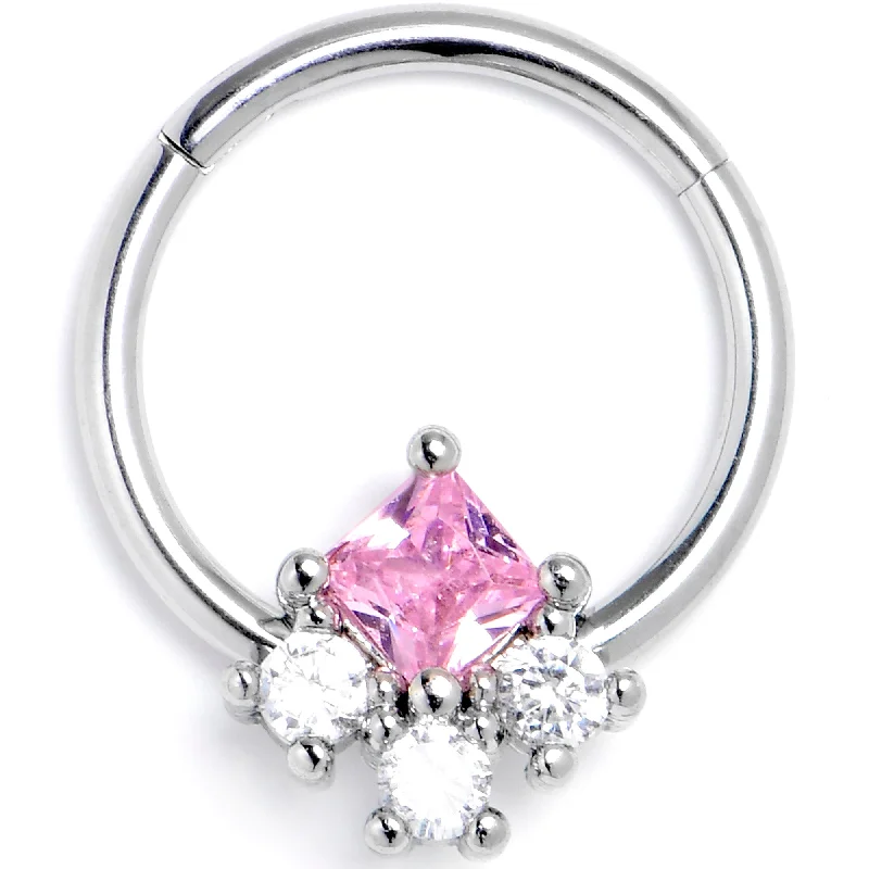 Elegant Nose Rings with Stones -16 Gauge 3/8 Pink Clear CZ Gem Rhombus Riot Hinged Segment Ring Elegant Nose Rings with Stones -16 Gauge 3/8 Pink Clear CZ Gem Rhombus Riot Hinged Segment Ring