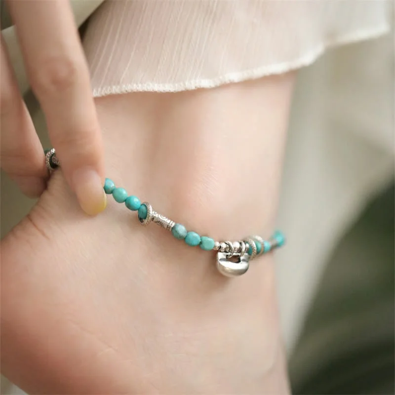 Unique Anklets for Fashion-Loving Women-Buddha Stones 925 Sterling Silver Turquoise Small Beads Chinese Lock Charm Strength Anklet Unique Anklets for Fashion-Loving Women-Buddha Stones 925 Sterling Silver Turquoise Small Beads Chinese Lock Charm Strength Anklet