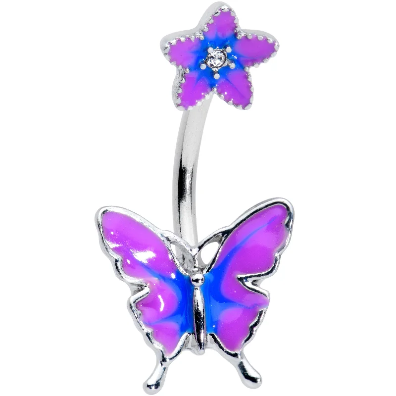 Designer Belly Rings with Stunning Detailing -Matching Purple Flower Butterfly Double Mount Belly Ring Designer Belly Rings with Stunning Detailing -Matching Purple Flower Butterfly Double Mount Belly Ring
