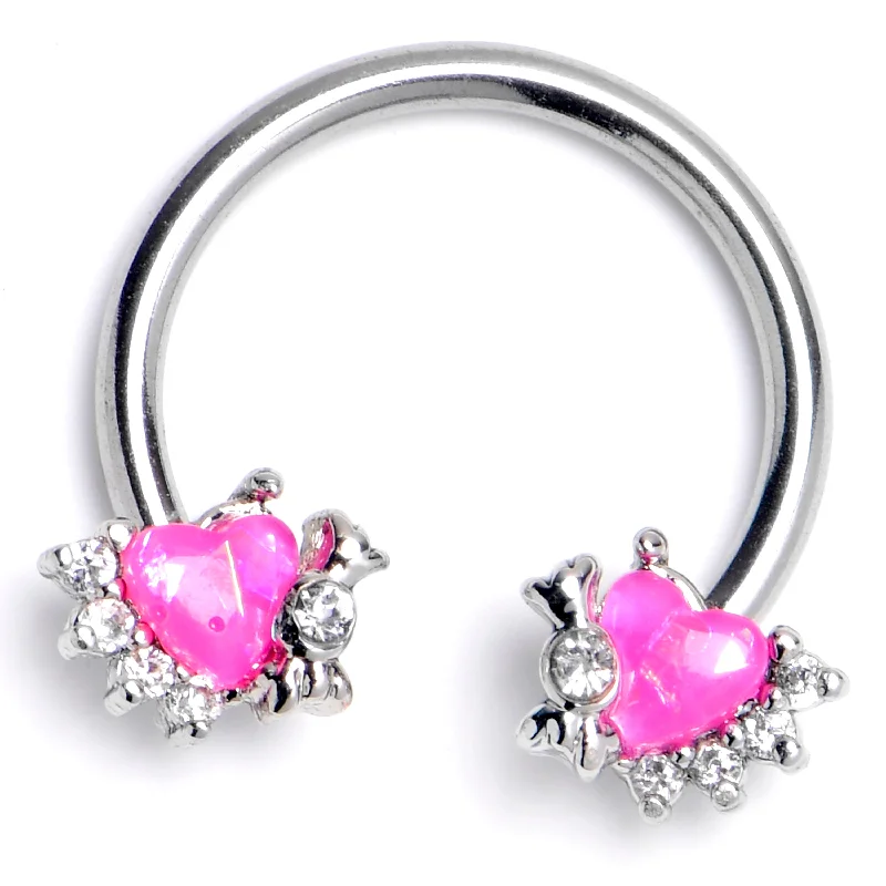 Women's Earrings – Elegant Designs for Every Personality--16 Gauge 3/8 Pink Faux Opal Sunny Heart Horseshoe Circular Barbell