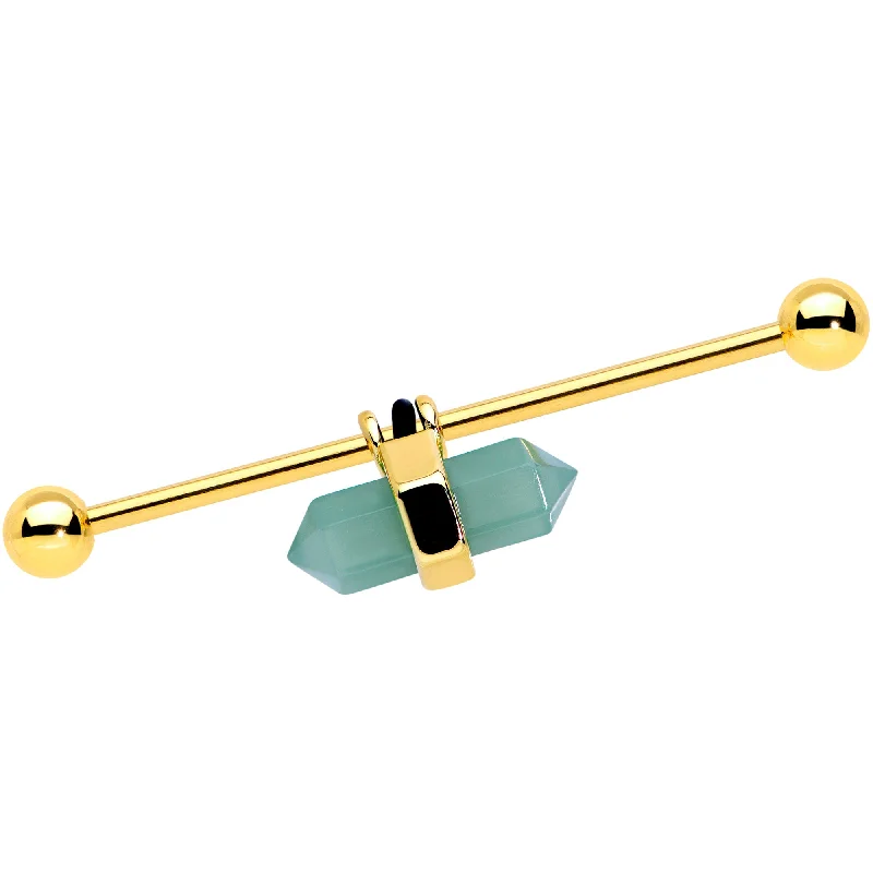 Women's Earrings – Elegant Designs for Every Personality--14 Gauge Gold Tone Green Gem Groovy Stone Hippie Industrial Barbell 38mm