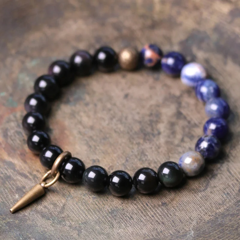 Men's Bracelets with Natural Stones-Buddha Stones Black Obsidian Sodalite Crystal Copper Strength Couple Bracelet Men's Bracelets with Natural Stones-Buddha Stones Black Obsidian Sodalite Crystal Copper Strength Couple Bracelet