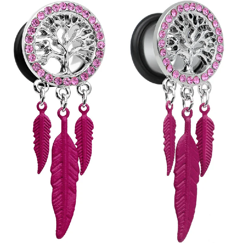 Women's Earrings – Elegant Designs for Every Personality--1/2 Pink Gem Steel Single Flare Tree of Life Dangle Plug Set Women's Earrings – Elegant Designs for Every Personality--1/2 Pink Gem Steel Single Flare Tree of Life Dangle Plug Set