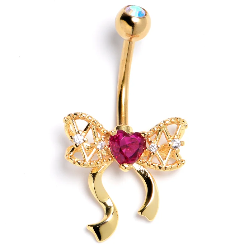 Beautiful Belly Rings with Unique Features -Red CZ Gem Gold Tone Internally Threaded Bow Heart Beauty Belly Ring Beautiful Belly Rings with Unique Features -Red CZ Gem Gold Tone Internally Threaded Bow Heart Beauty Belly Ring
