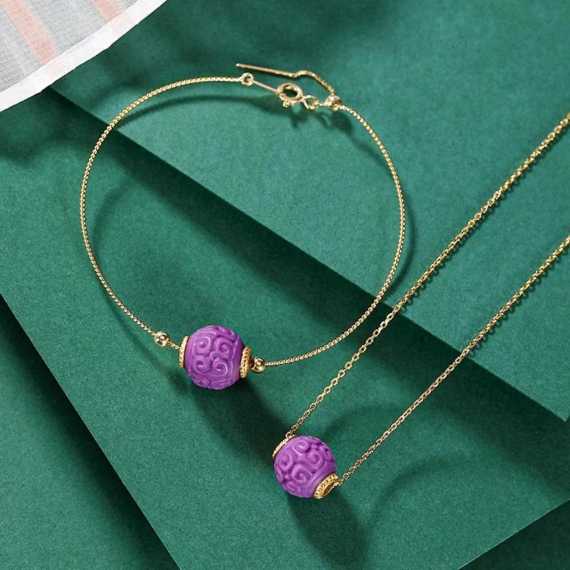 Unique Wedding Bangles for Women-Buddha Stones 925 Sterling Silver Plated Gold Natural Purple Mica Stone Relief Bead Positive Necklace Pendant Bracelet Set Unique Wedding Bangles for Women-Buddha Stones 925 Sterling Silver Plated Gold Natural Purple Mica Stone Relief Bead Positive Necklace Pendant Bracelet Set