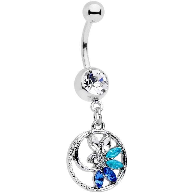 Beautiful Belly Rings for Fashion-Forward Style -Blue Clear Gem Tropical Flower Swirl Dangle Belly Ring Beautiful Belly Rings for Fashion-Forward Style -Blue Clear Gem Tropical Flower Swirl Dangle Belly Ring