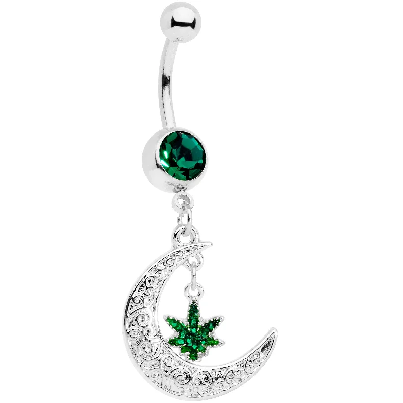 Belly Rings with Simple and Elegant Designs -Green Gem Marijuana Pot Leaf Moon Dangle Belly Ring Belly Rings with Simple and Elegant Designs -Green Gem Marijuana Pot Leaf Moon Dangle Belly Ring