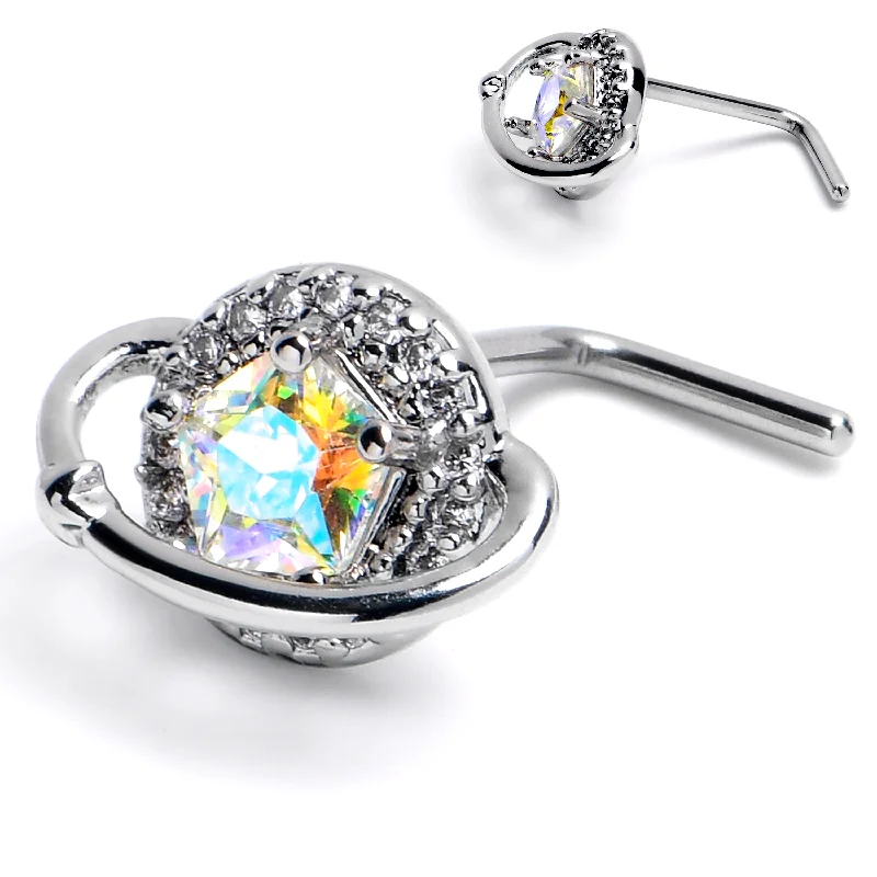 Nose Rings for Effortless Elegance -20 Gauge 1/4 Aurora CZ Gem Textured Saturn L Shape Nose Ring Nose Rings for Effortless Elegance -20 Gauge 1/4 Aurora CZ Gem Textured Saturn L Shape Nose Ring