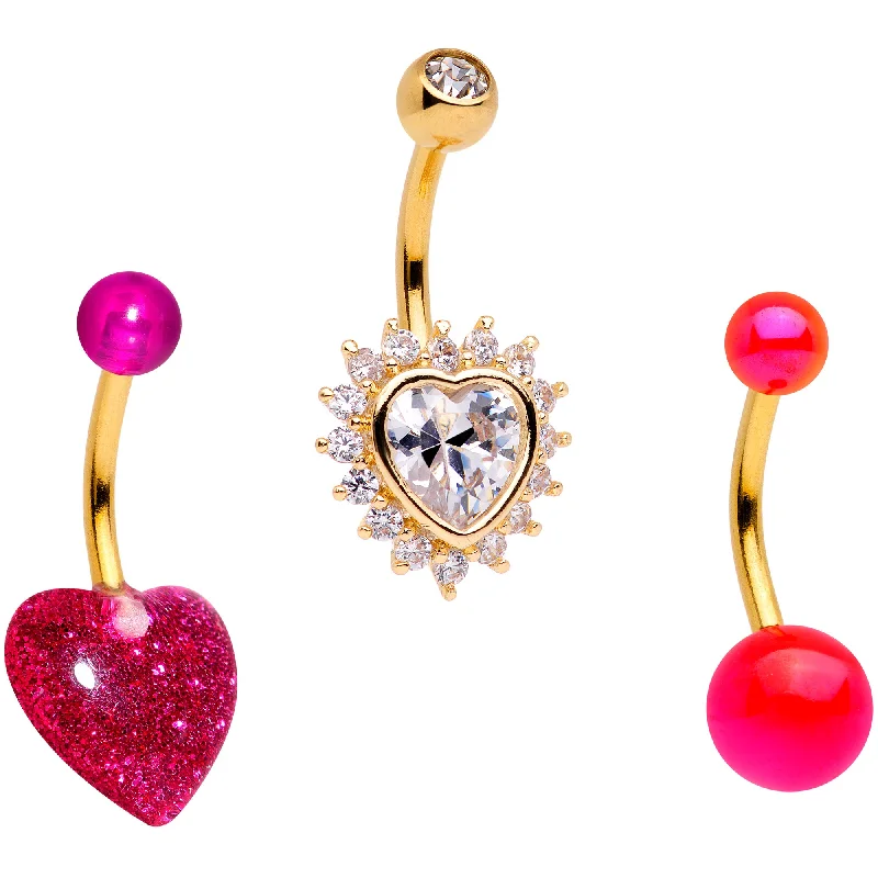 Comfortable Belly Rings for Elegant Comfort -Clear Gem Gold Tone Pink UV Glow Heart Belly Ring Set of 3 Comfortable Belly Rings for Elegant Comfort -Clear Gem Gold Tone Pink UV Glow Heart Belly Ring Set of 3