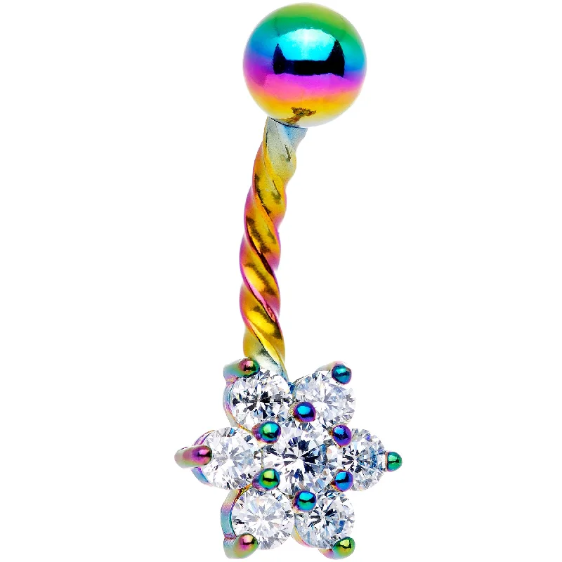 Fashionable Belly Rings with Vibrant Accents -Clear CZ Gem Rainbow Flower Seriously Twisted Belly Ring Fashionable Belly Rings with Vibrant Accents -Clear CZ Gem Rainbow Flower Seriously Twisted Belly Ring