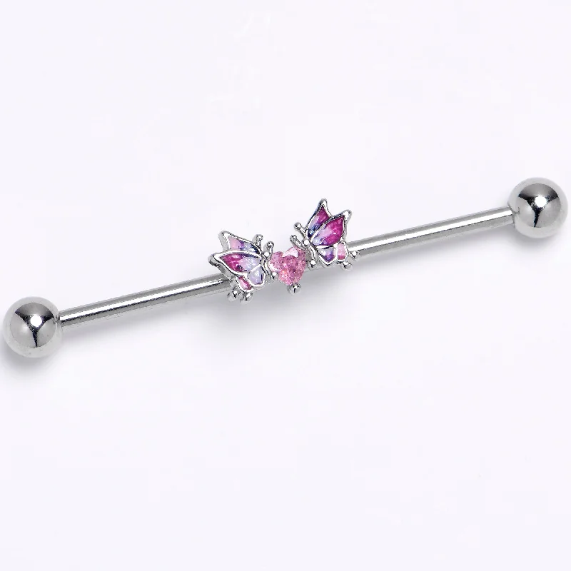 Women's Earrings – Elegant Designs for Every Personality--14 Gauge Pink CZ Gem Heart Butterflies Purple Industrial Barbell 38mm