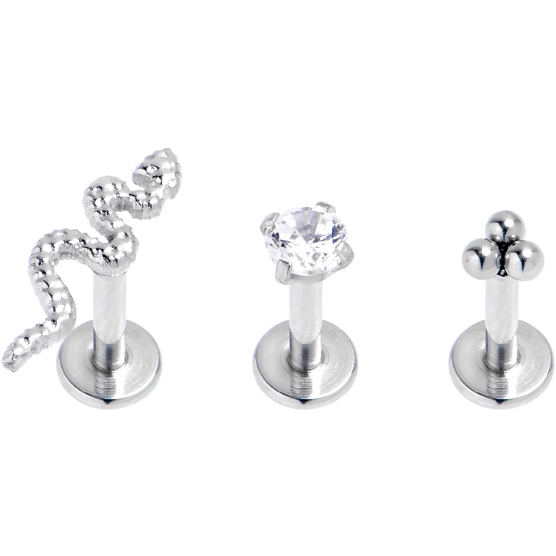 Stunning Lip Rings for Fashionable Piercings16 Gauge 1/4 Clear CZ Gem Snake Ball Trio Labret Tragus Set of 3