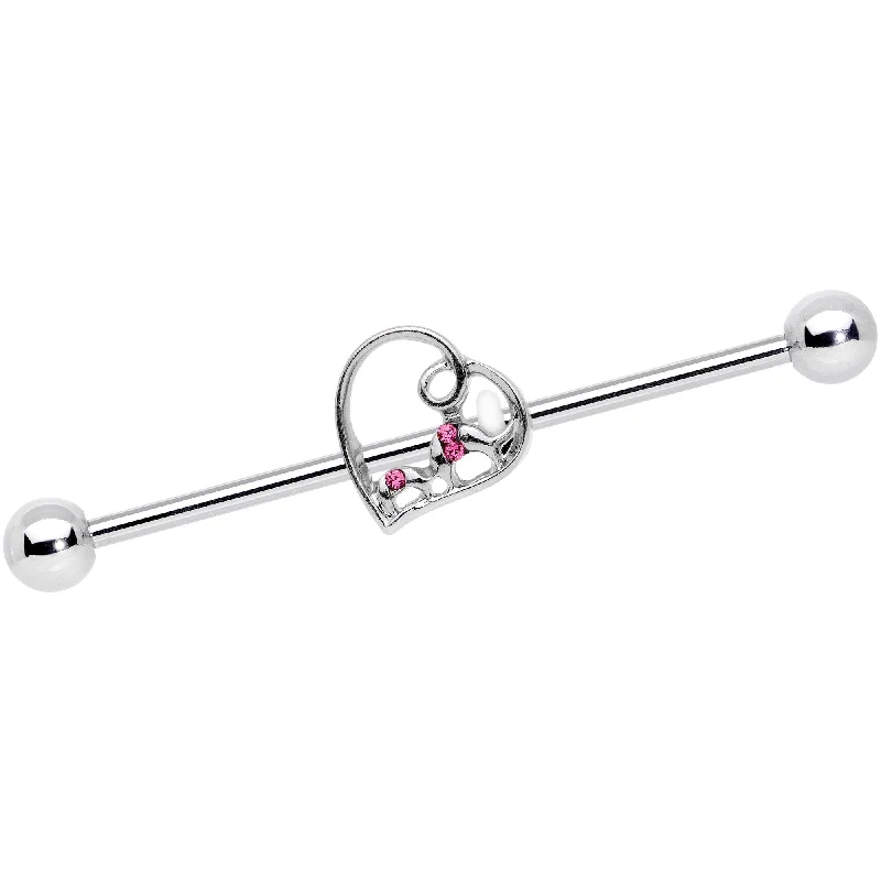 Women's Earrings – Elegant Designs for Every Personality--14 Gauge Pink Gem Valentines Day Heart Industrial Barbell 38mm