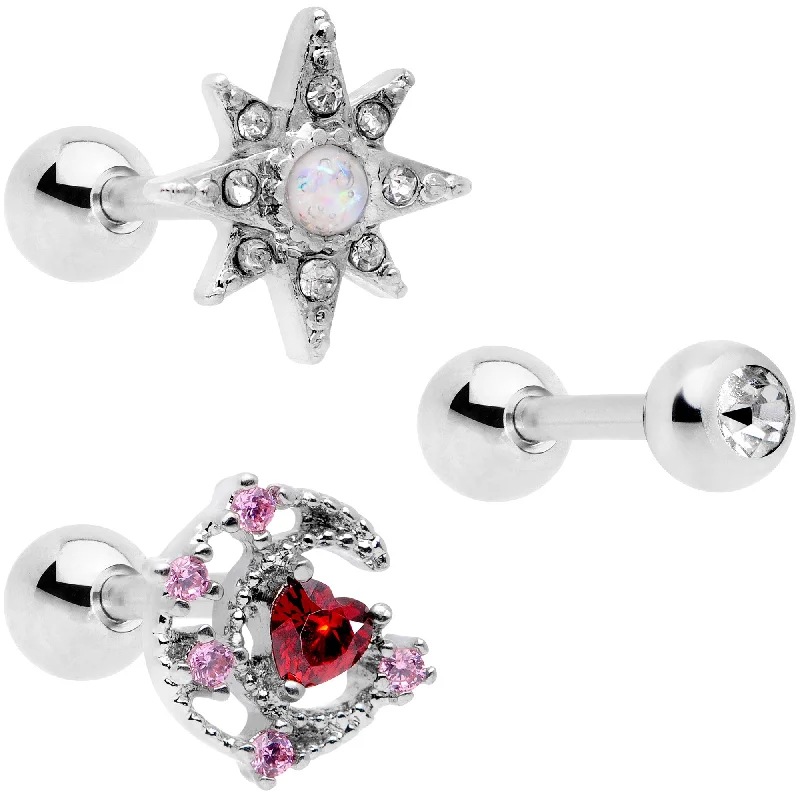 Women's Earrings – Elegant Designs for Every Personality--16 Gauge 1/4 Pink Red Clear CZ Gem Moon Star Cartilage Tragus Set of 3 Women's Earrings – Elegant Designs for Every Personality--16 Gauge 1/4 Pink Red Clear CZ Gem Moon Star Cartilage Tragus Set of 3
