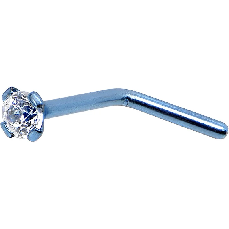 Unique Designer Nose Rings for Modern Looks -20 Gauge 1/4 Clear CZ Light Blue Titanium IP L-Shaped Nose Ring Unique Designer Nose Rings for Modern Looks -20 Gauge 1/4 Clear CZ Light Blue Titanium IP L-Shaped Nose Ring