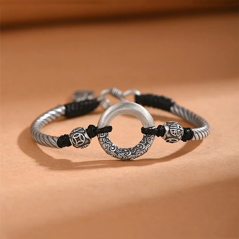 Customizable Gemstone Bangles for Women-Buddha Stones 999 Sterling Silver Fu Character Peace Buckle Copper Coin Auspicious Clouds Fortune Bracelet Customizable Gemstone Bangles for Women-Buddha Stones 999 Sterling Silver Fu Character Peace Buckle Copper Coin Auspicious Clouds Fortune Bracelet
