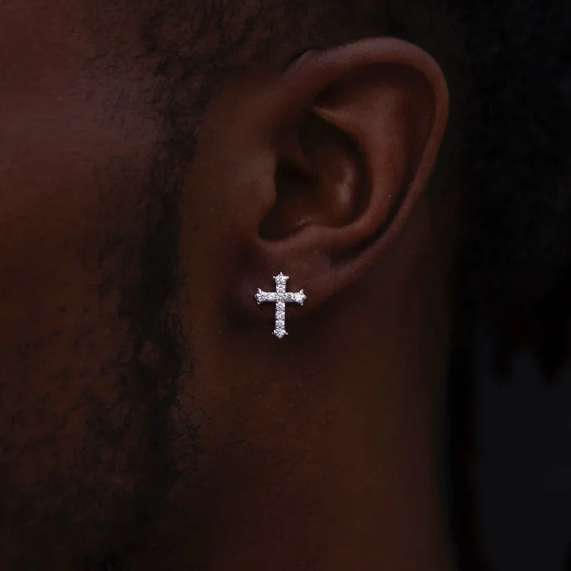 Shop Durable Men's Earrings for Everyday Wear-Micro Cross Stud Earrings in White Gold Shop Durable Men's Earrings for Everyday Wear-Micro Cross Stud Earrings in White Gold