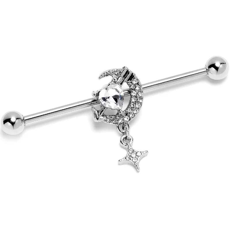 Women's Earrings – Elegant Designs for Every Personality--14 Gauge Clear Gem Moon Lover Dangle Industrial Barbell 38mm
