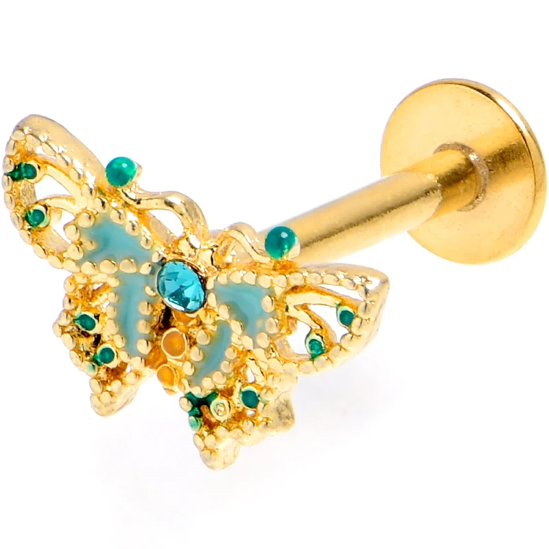 Lip Rings with Unique Stone Designs16 Gauge 5/16 Blue Gem Gold Tone Ribbon Butterfly Labret Monroe Tragus