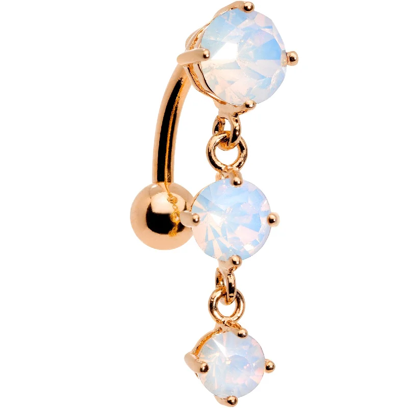 Belly Rings with Stone Detailing for Bold Looks -White Faux Opal Rose Gold Plated Trio Tier Top Mount Dangle Belly Ring Belly Rings with Stone Detailing for Bold Looks -White Faux Opal Rose Gold Plated Trio Tier Top Mount Dangle Belly Ring