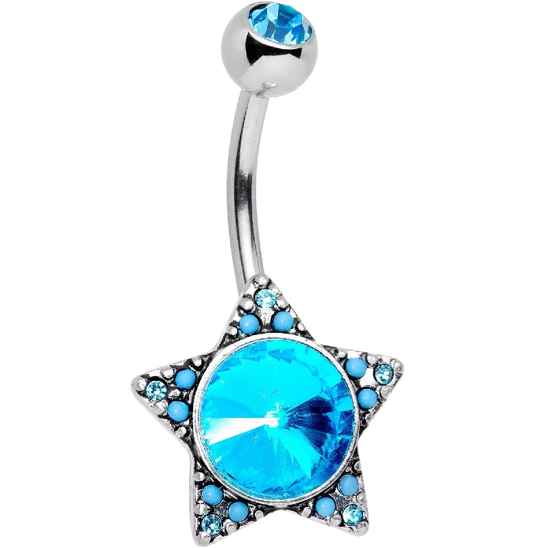Belly Rings for Trendy Women -Aqua Gem Encrusted Big Star Belly Ring