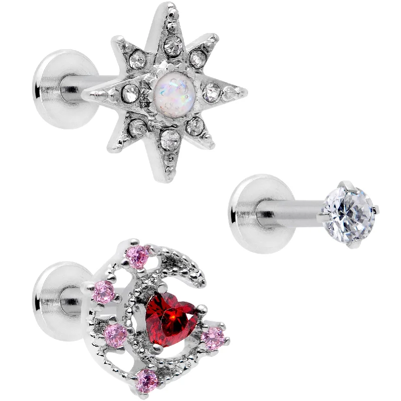 Simple Lip Rings for Minimalist Style16 Gauge 5/16 White Faux Opal Moon Star Labret Monroe Tragus Set of 3
